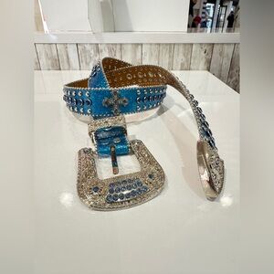 Blue and Brown Studded Belt with Silver Buckle